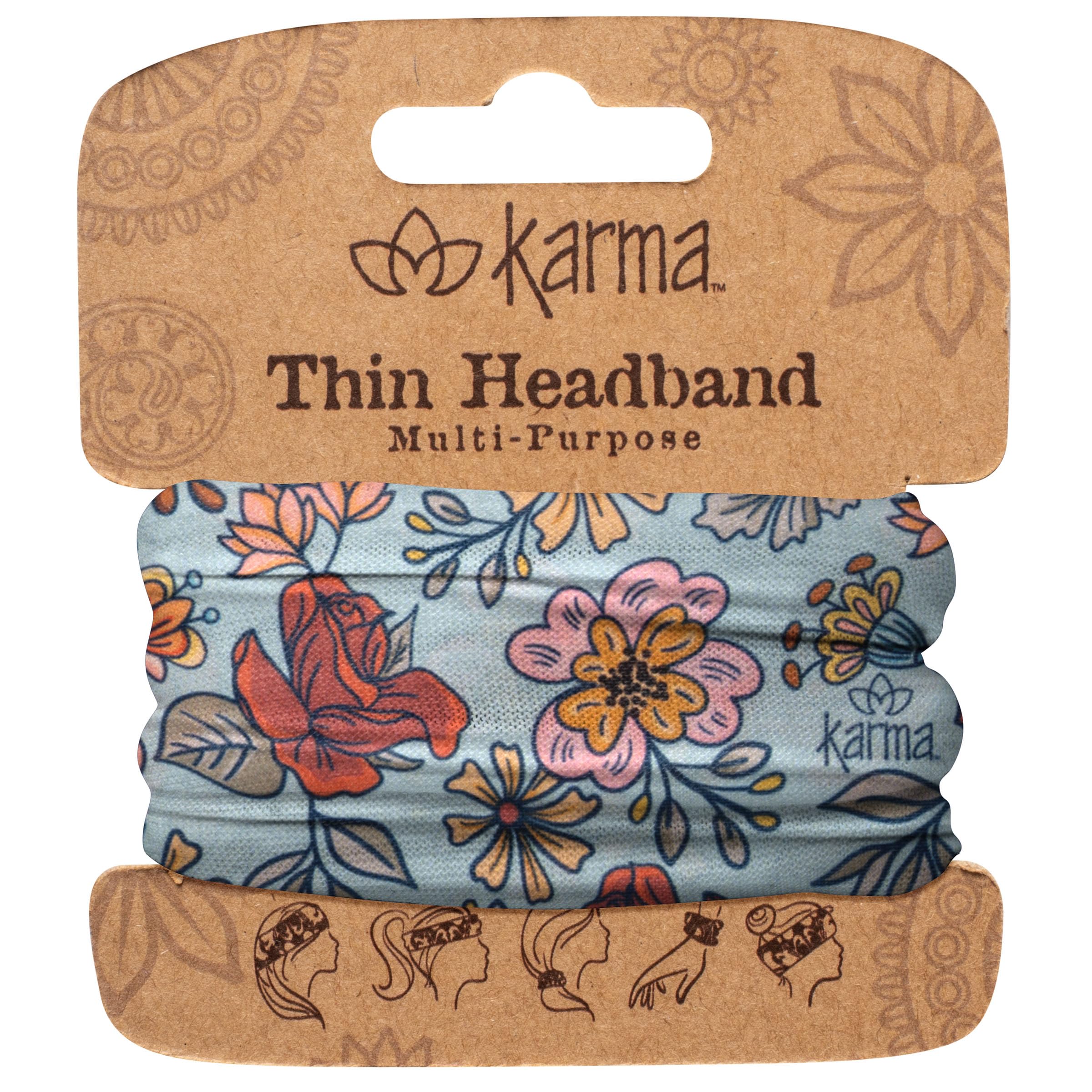 Karma blue floral headband front view shows vibrant pattern and slim fit benefit