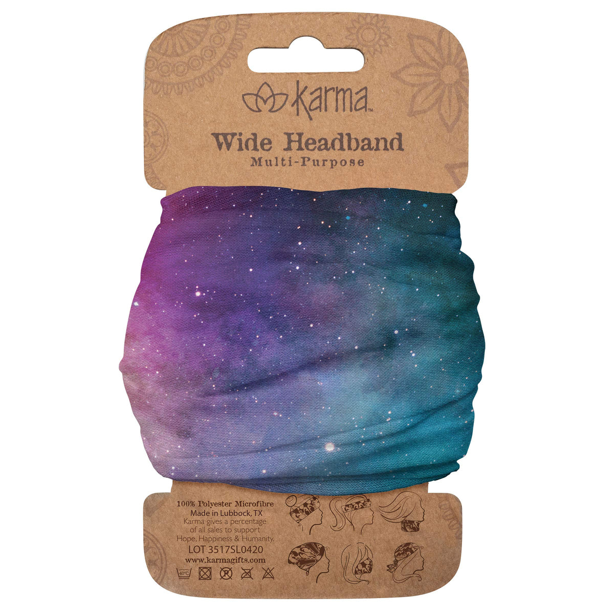 Karma galaxy headband front view showing full print and secure fit benefit