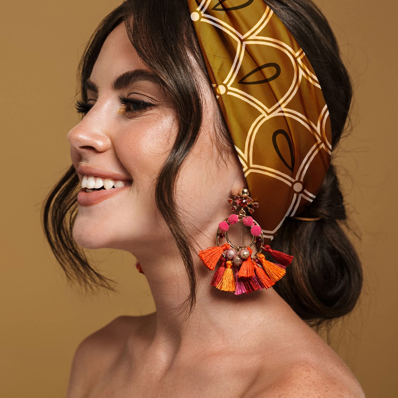 Karma galaxy headband worn during yoga demonstrating stay-put support benefit