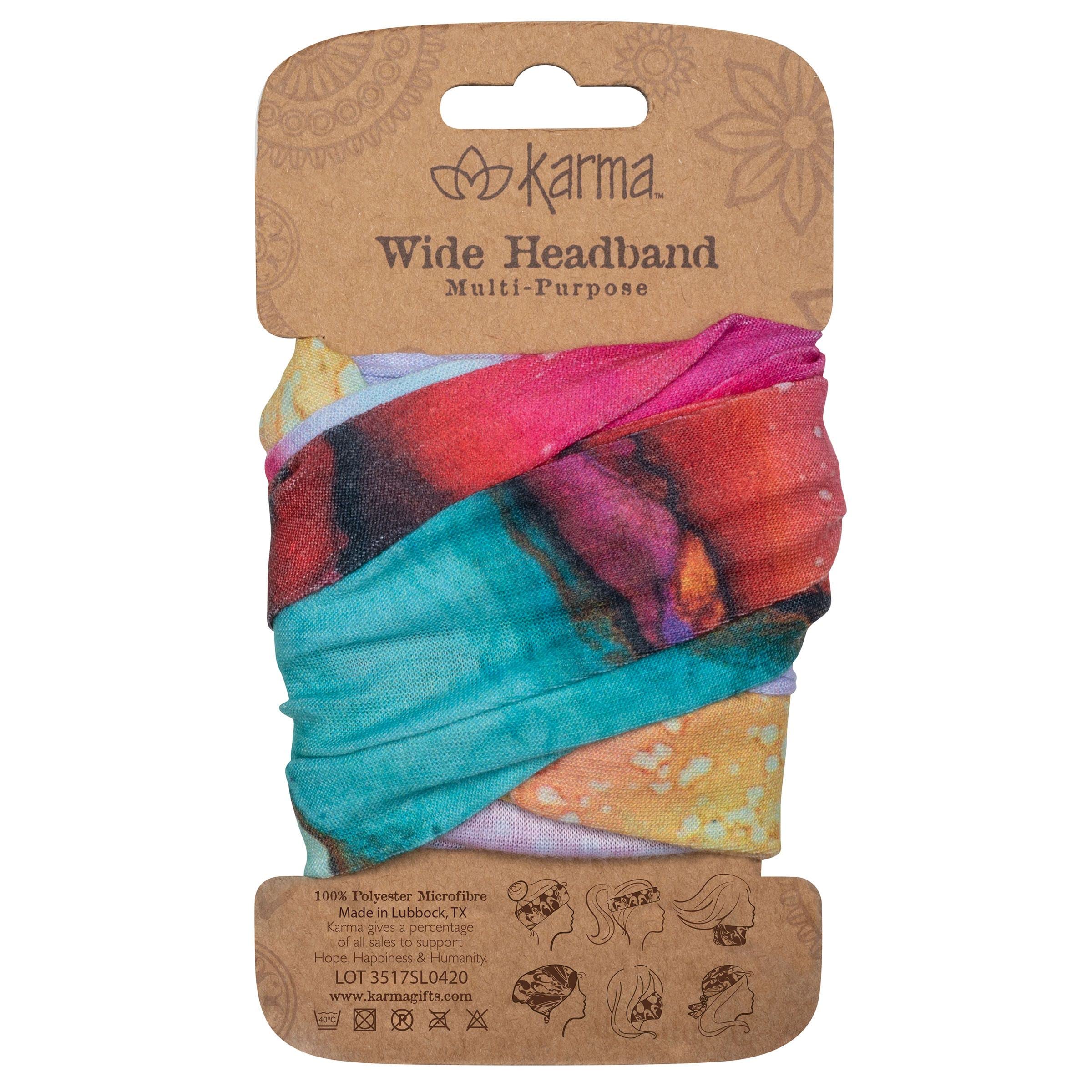 Karma headband front packaging showing print and color, adds stylish finishing touch