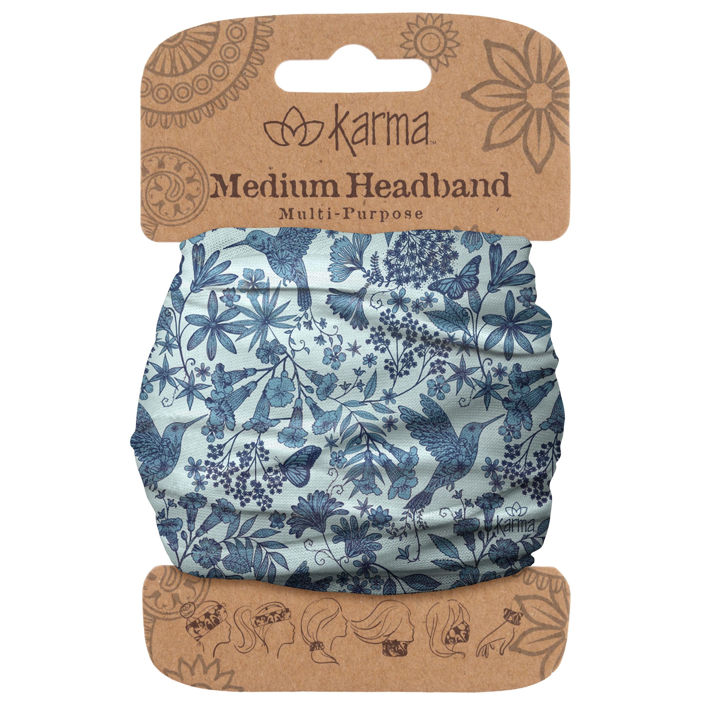 Karma hummingbird front view headband showing blue pattern and secure fit