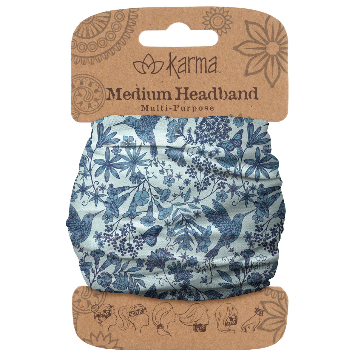 Karma hummingbird front view headband showing blue pattern and secure fit