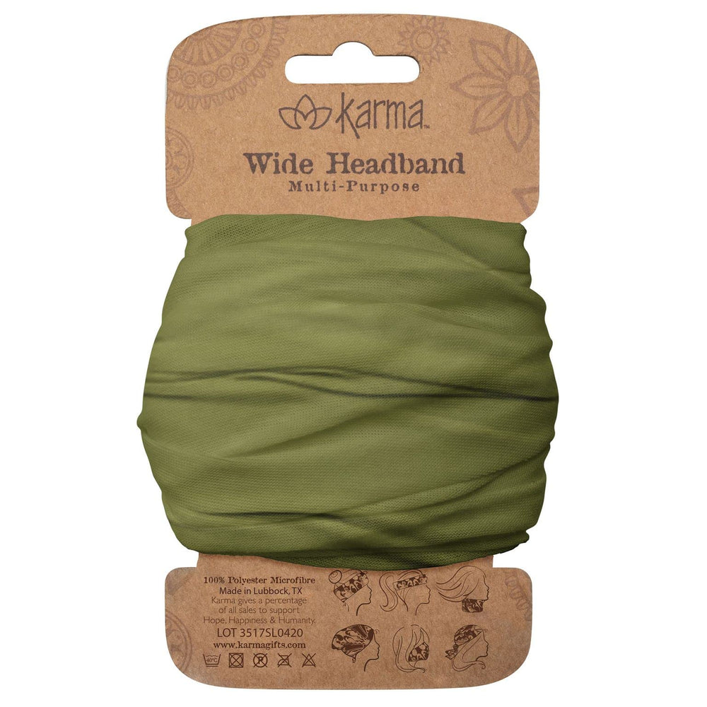 Karma olive headband front view showing wide shape and color benefit of polished look