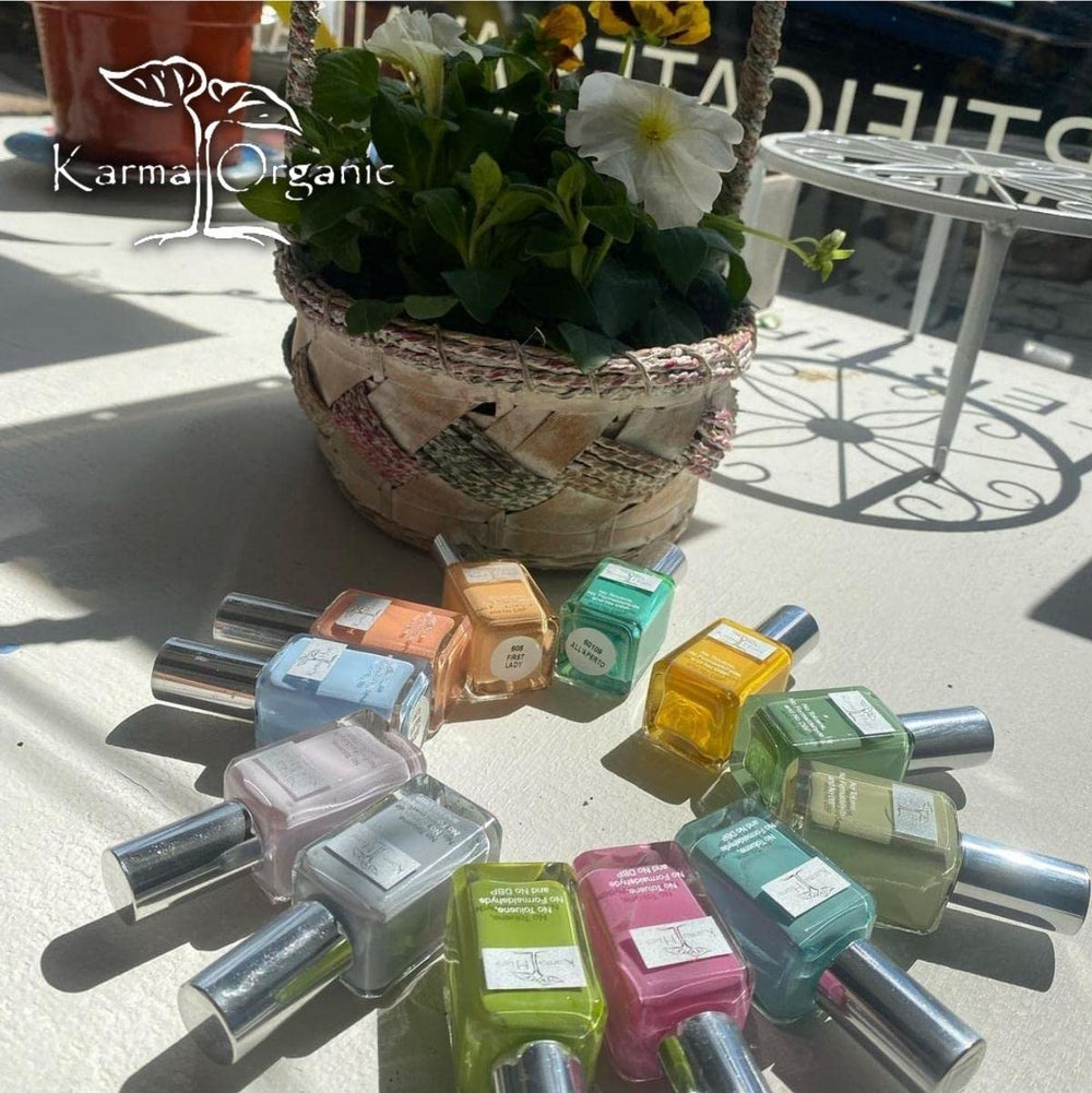 Karma Organic polished nails in evening outfit illustrating versatile, elegant wear