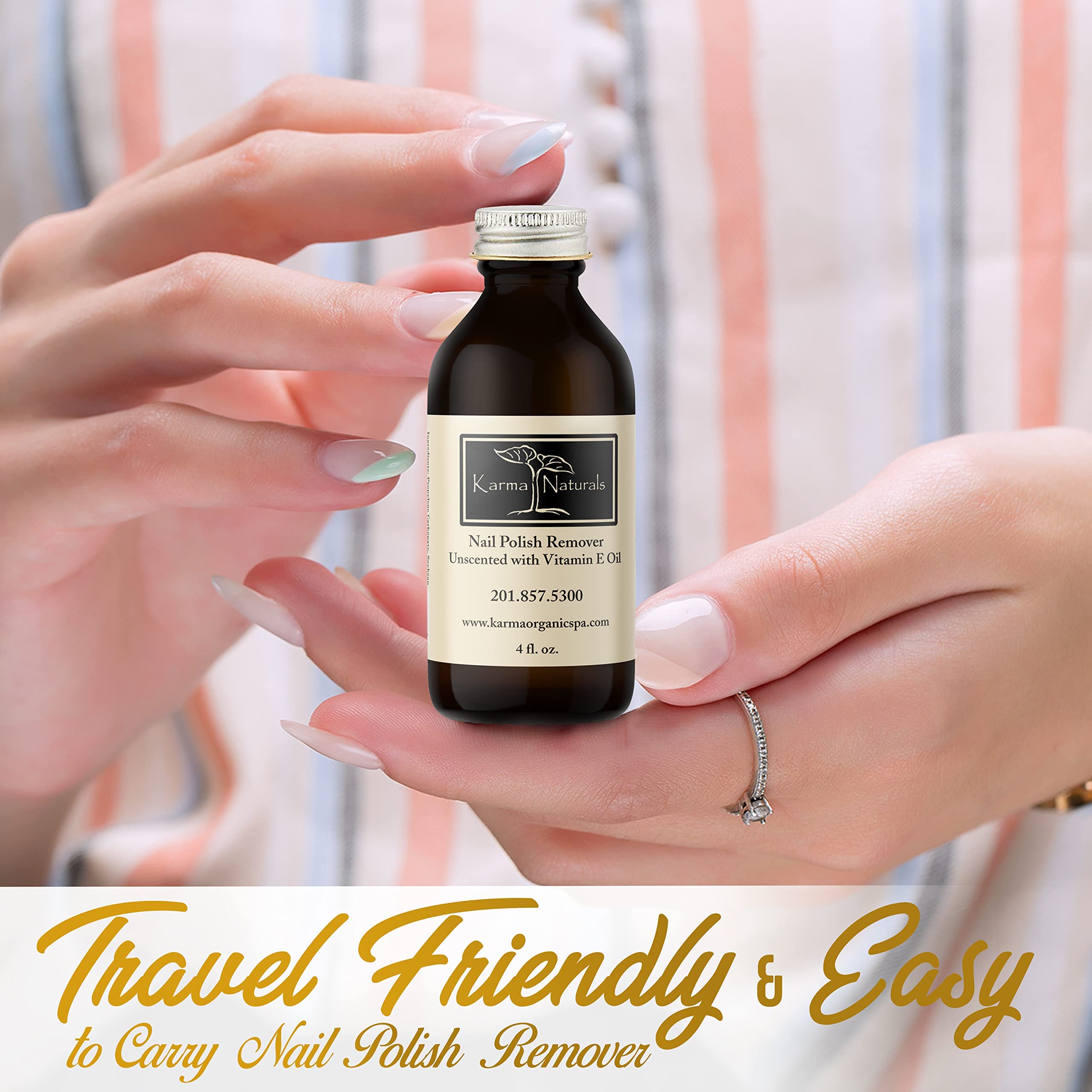 karma organic in-hand application using cotton pad for gentle polish removal
