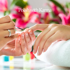 karma organic manicure lifestyle on hands showcasing vegan polish and long-wear benefit