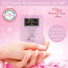 Karma Organic single wipe unwrapped displaying saturated pad and ready-to-use benefit