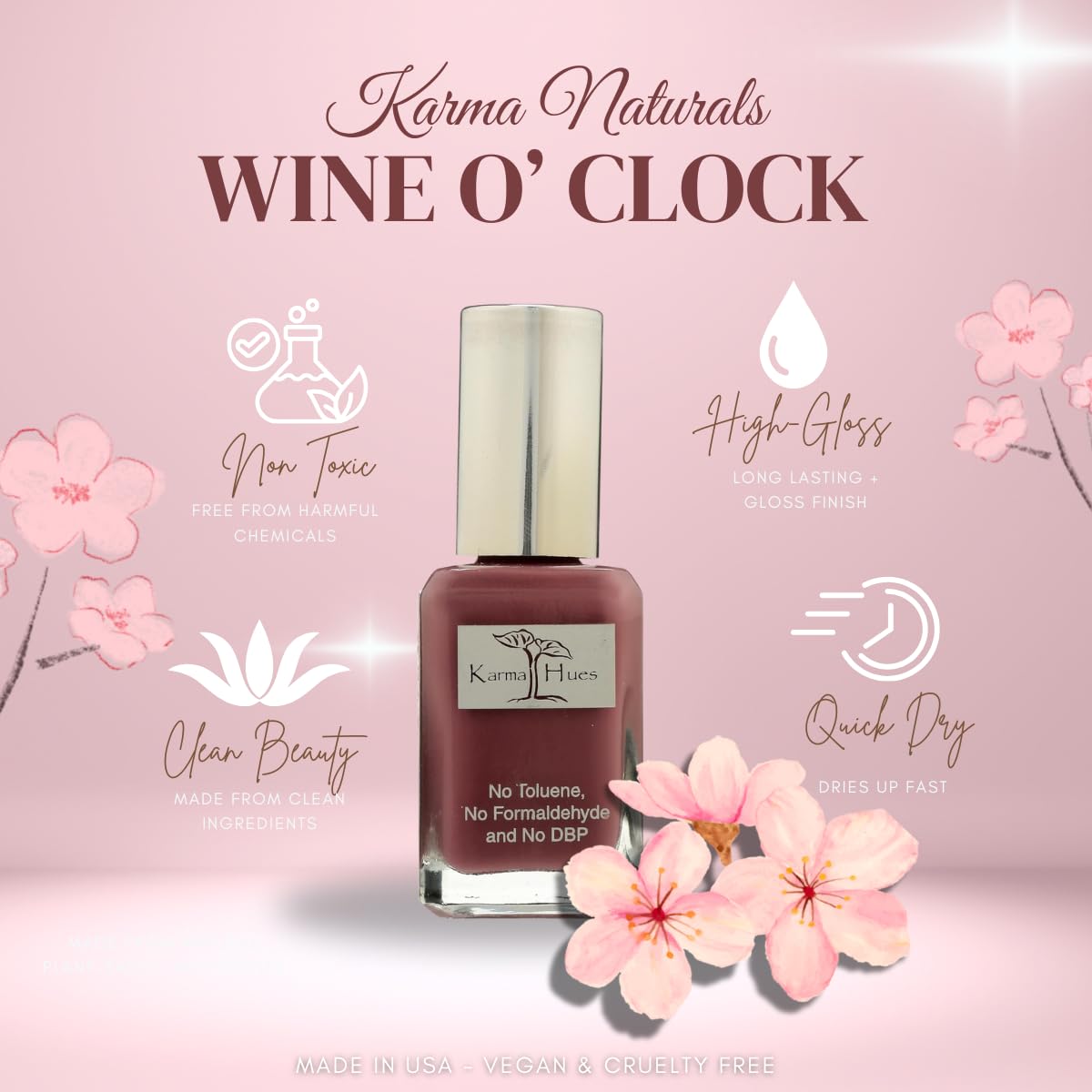 karma organic nail swatch wheel displaying true WINE O'CLOCK shade and color payoff benefit