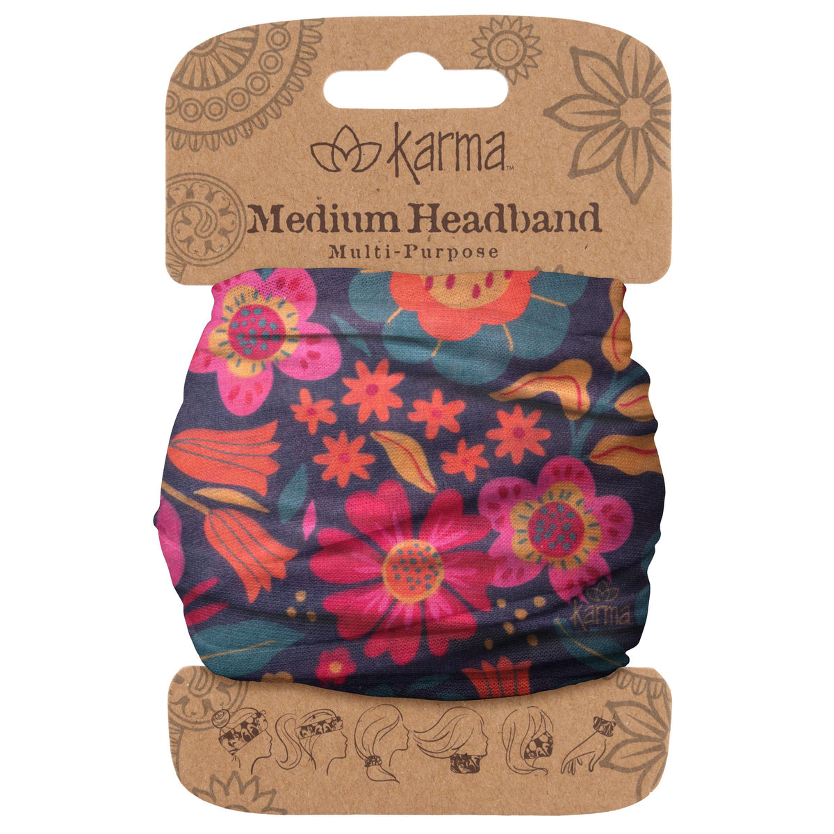 Karma retro floral headband front view showing purple pattern and secure fit