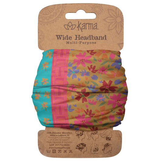 Karma teal/apricot headband front view showing floral print and secure fit