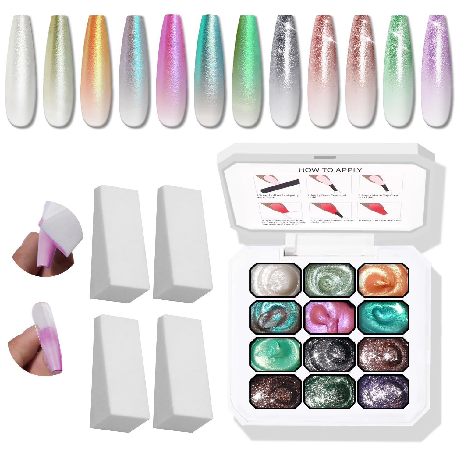 Karroy palette front packaging showing 12 glitter ombre colors and festive design benefits long wear