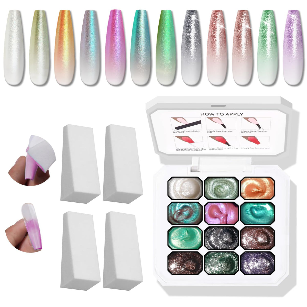 Karroy palette front packaging showing 12 glitter ombre colors and festive design benefits long wear