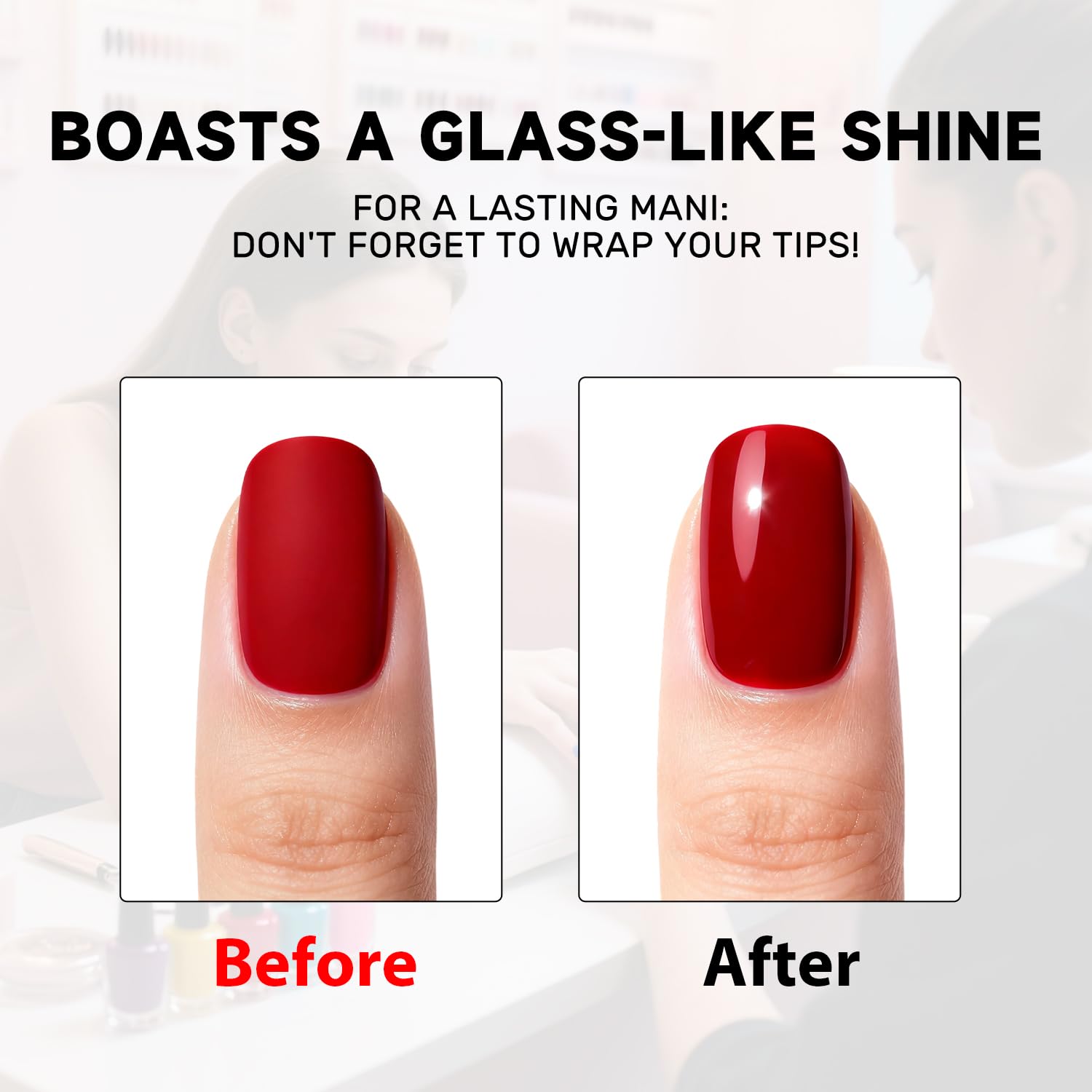 Karroy top coat cured on nails displaying high gloss and chip-resistant benefit