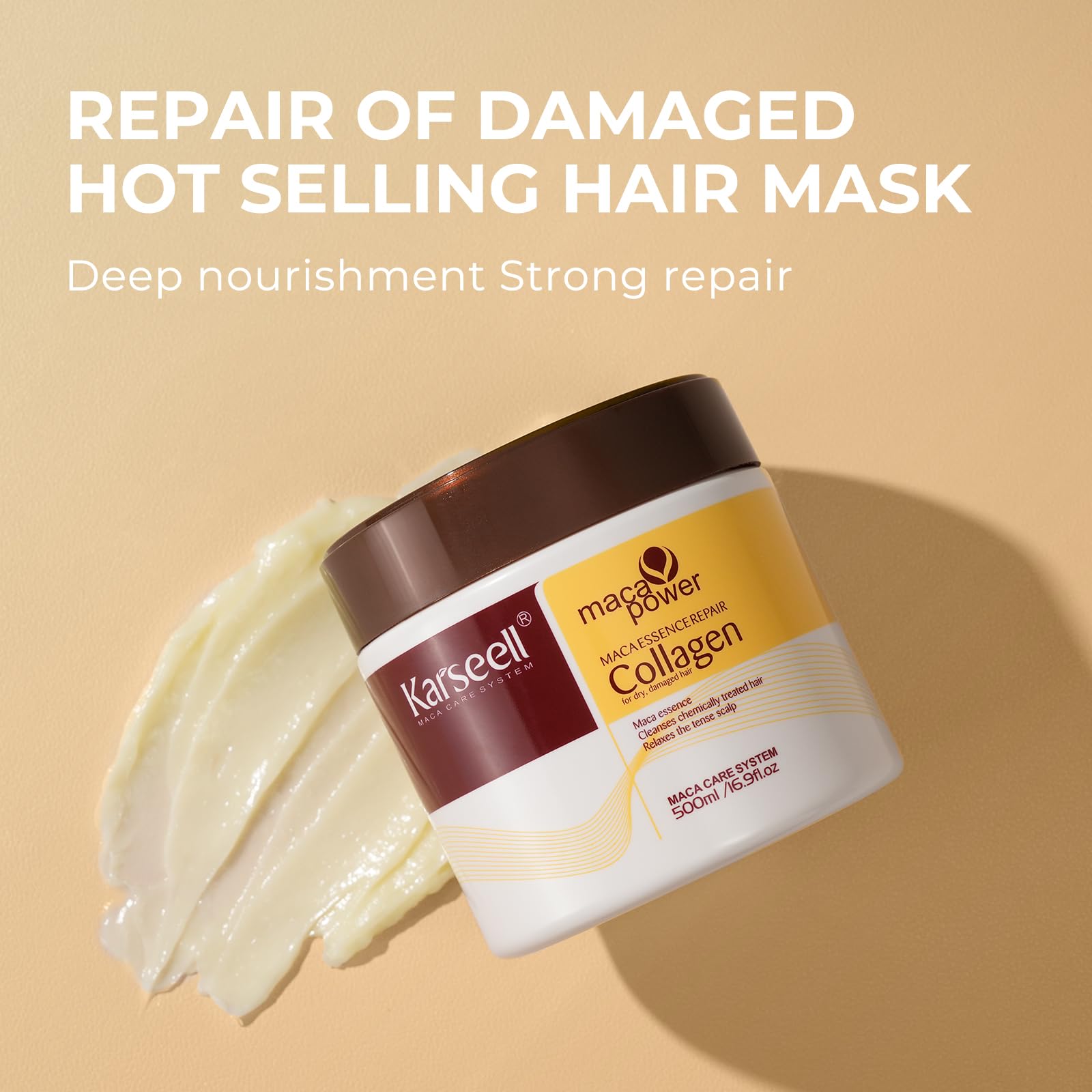 Karseell label ingredients detail highlighting collagen, argan oil and maca essence