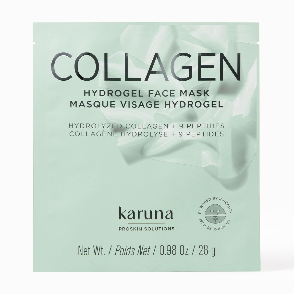 Karuna front-facing box showing collagen hydrogel face mask, promotes hydrated glow