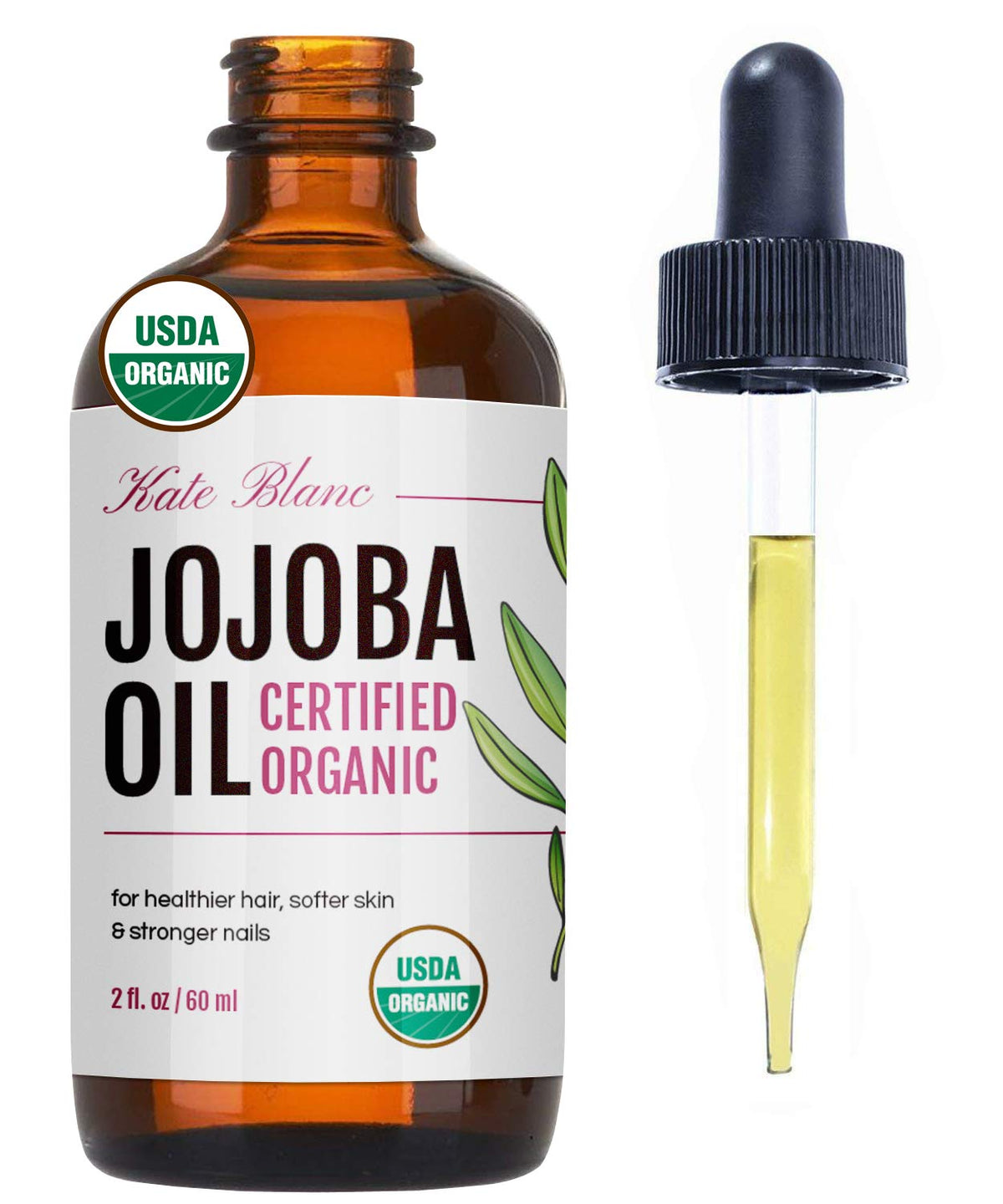 Kate Blanc jojoba oil front packaging shows label and benefits