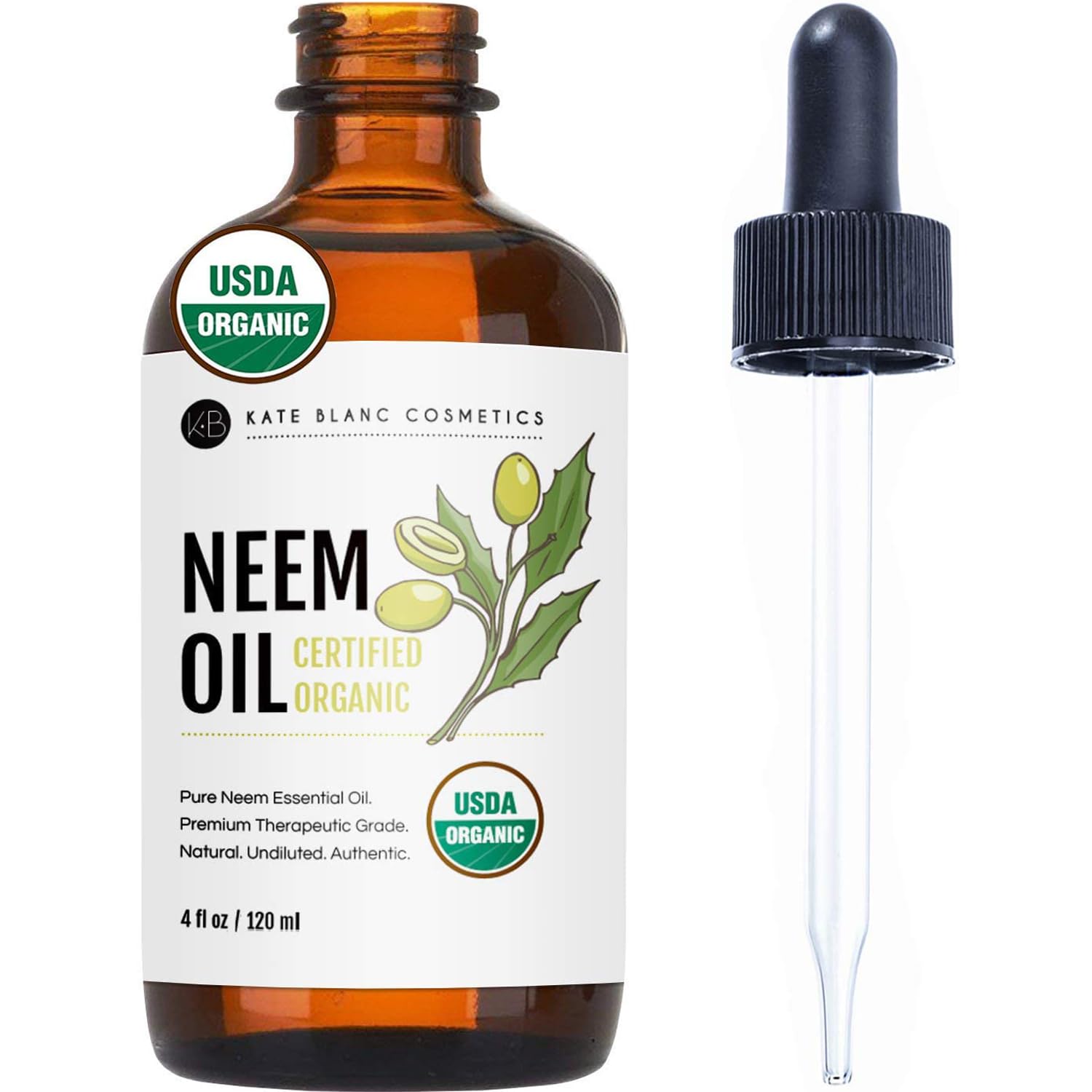 Kate Blanc neem oil bottle front view showing organic concentrate benefits