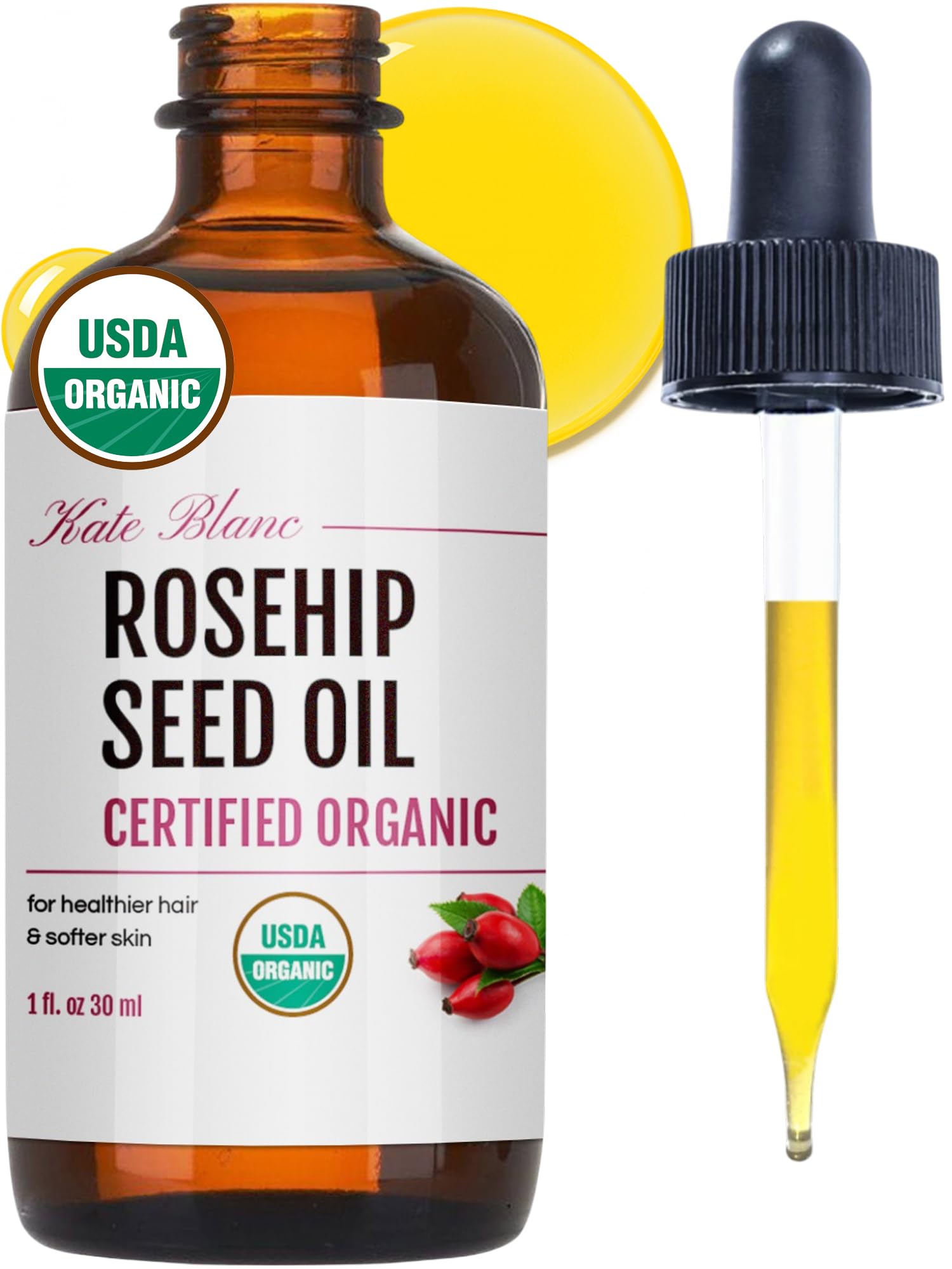 Kate Blanc Cosmetics bottle front showing pure rosehip oil, nourishing face hydration