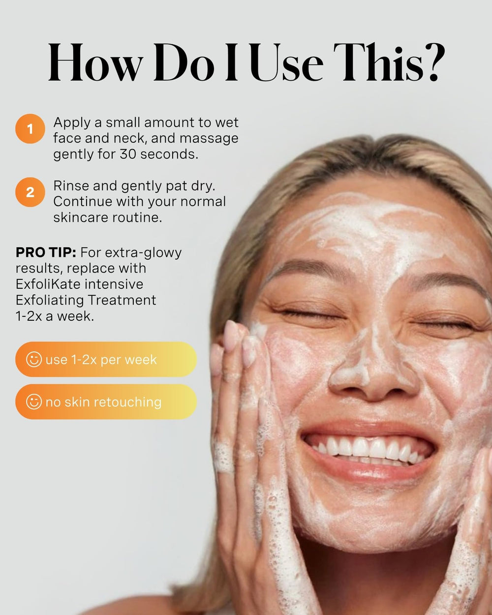 Foam dispensed from pump demonstrating lightweight cleansing and refreshing benefit