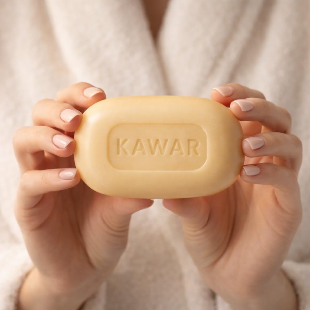 KAWAR soap next to ruler showing compact size and easy handling benefit