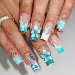 Kcjckcdd front packaging showing complete aqua press-on nail kit and benefits