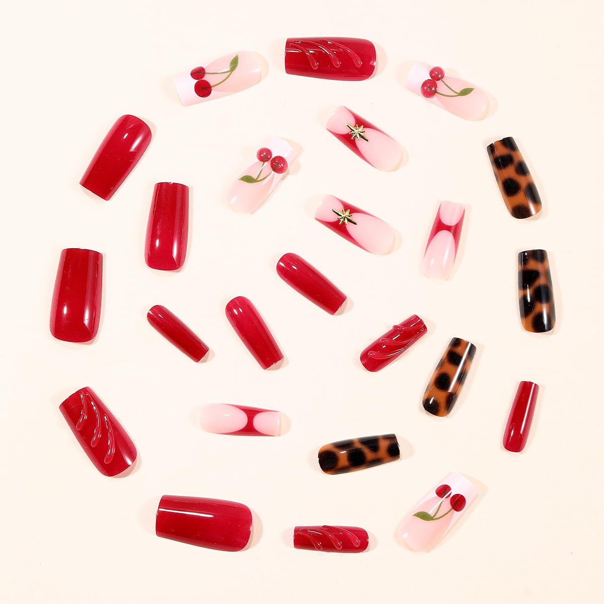 Kcjckcdd overview of leopard print and red accent nails demonstrating design variety