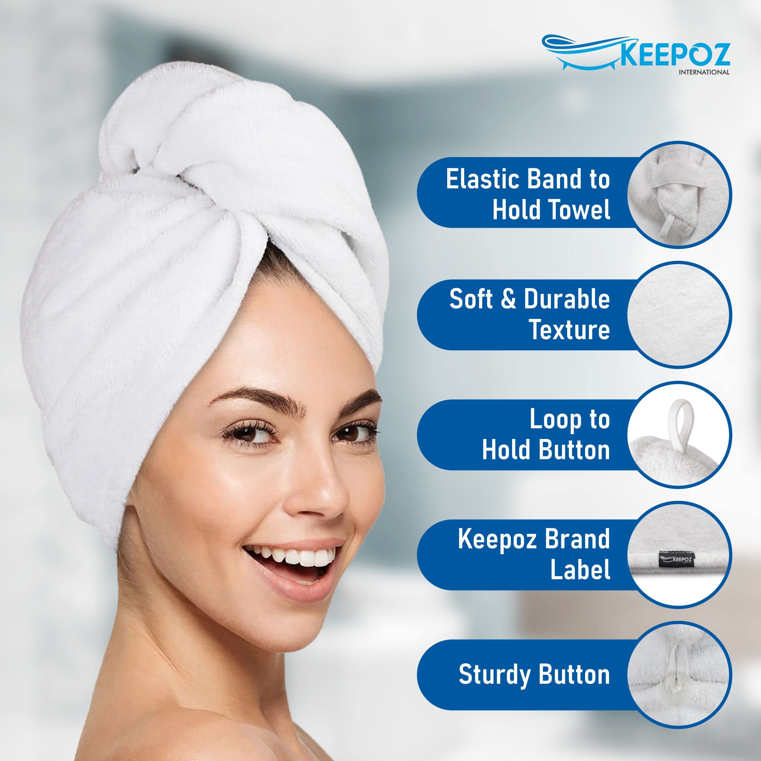 KEEPOZ model wearing turban in bathroom for hands-free drying convenience