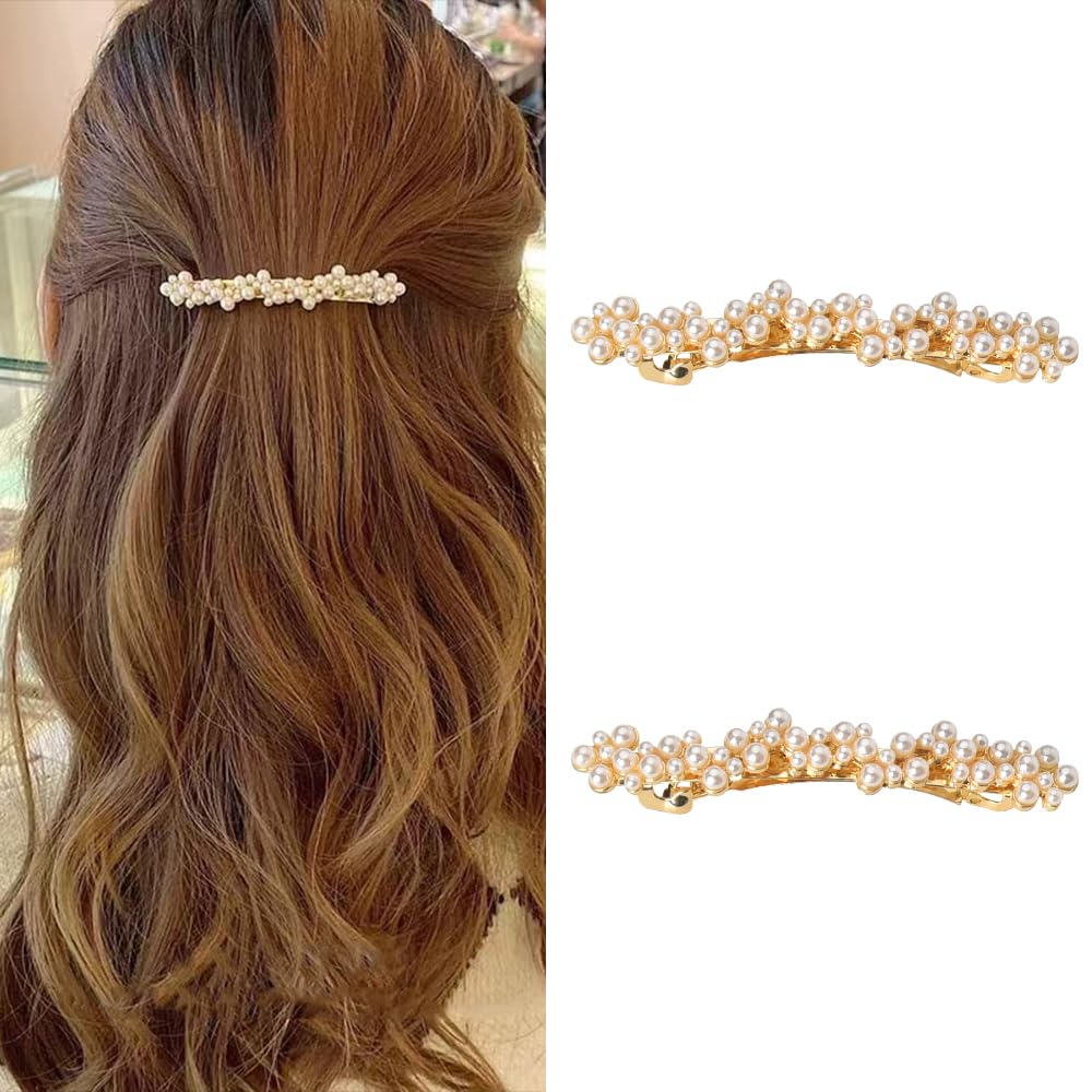 Kefley front view pearl barrettes showing elegant gold finish and neat shape for polished style