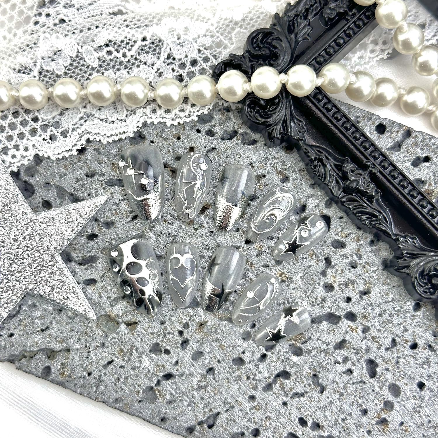 KEHKFSEF close-up of silver chrome and 3D rhinestones highlighting decorative detail