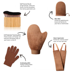 KELILO kit staged on vanity showing routine use for flawless at-home tanning benefit