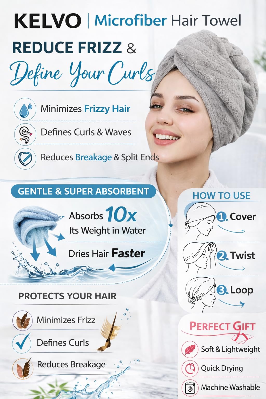 KELVO towel beside hand showing generous 24.8 x 9.44 inch size advantage