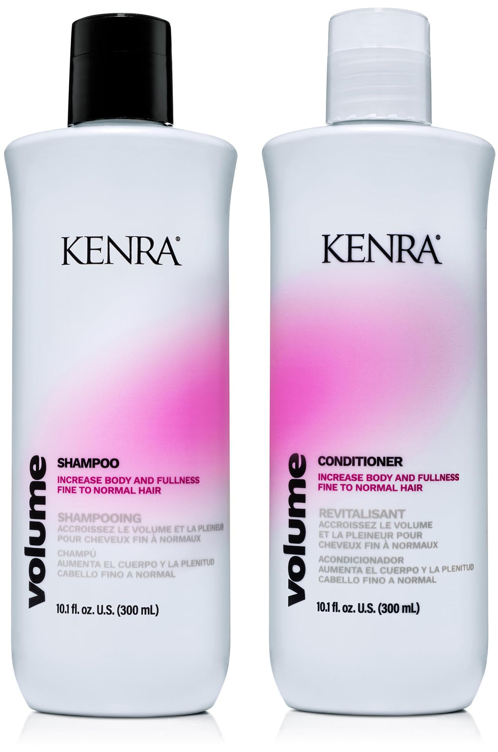 Kenra front packaging showing volume shampoo and conditioner for fuller hair
