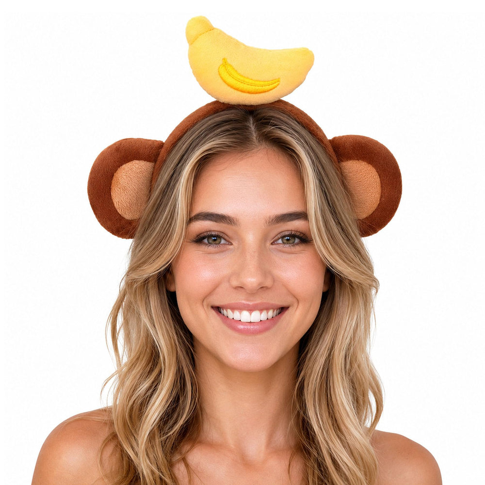 KEPATO monkey headband front view showing plush ears and banana for playful styling