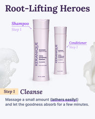 Keranique bottle on bathroom shelf styled to show clean-beauty aesthetic