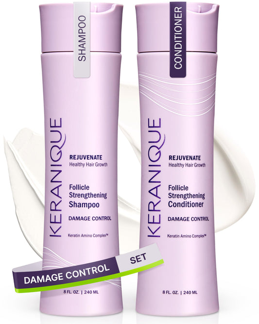 Keranique front packaging showing shampoo and conditioner benefits