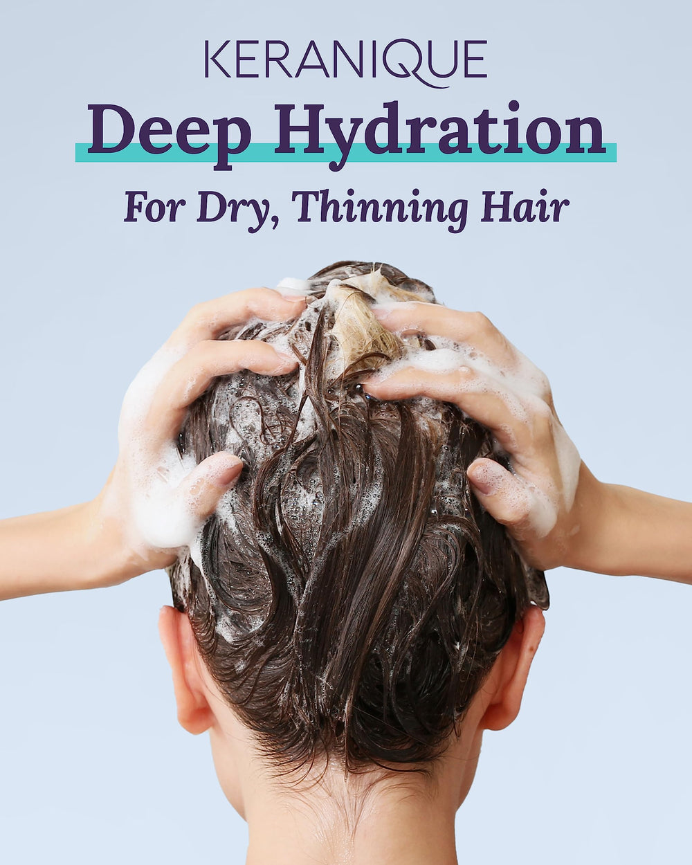 Keranique shampoo being poured demonstrating gentle cleansing benefit