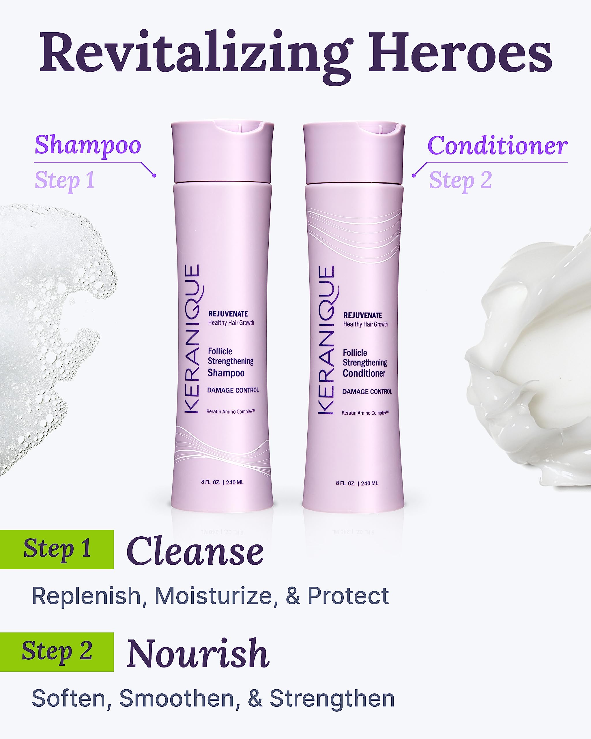 Keranique bottle next to hand for clear size and scale