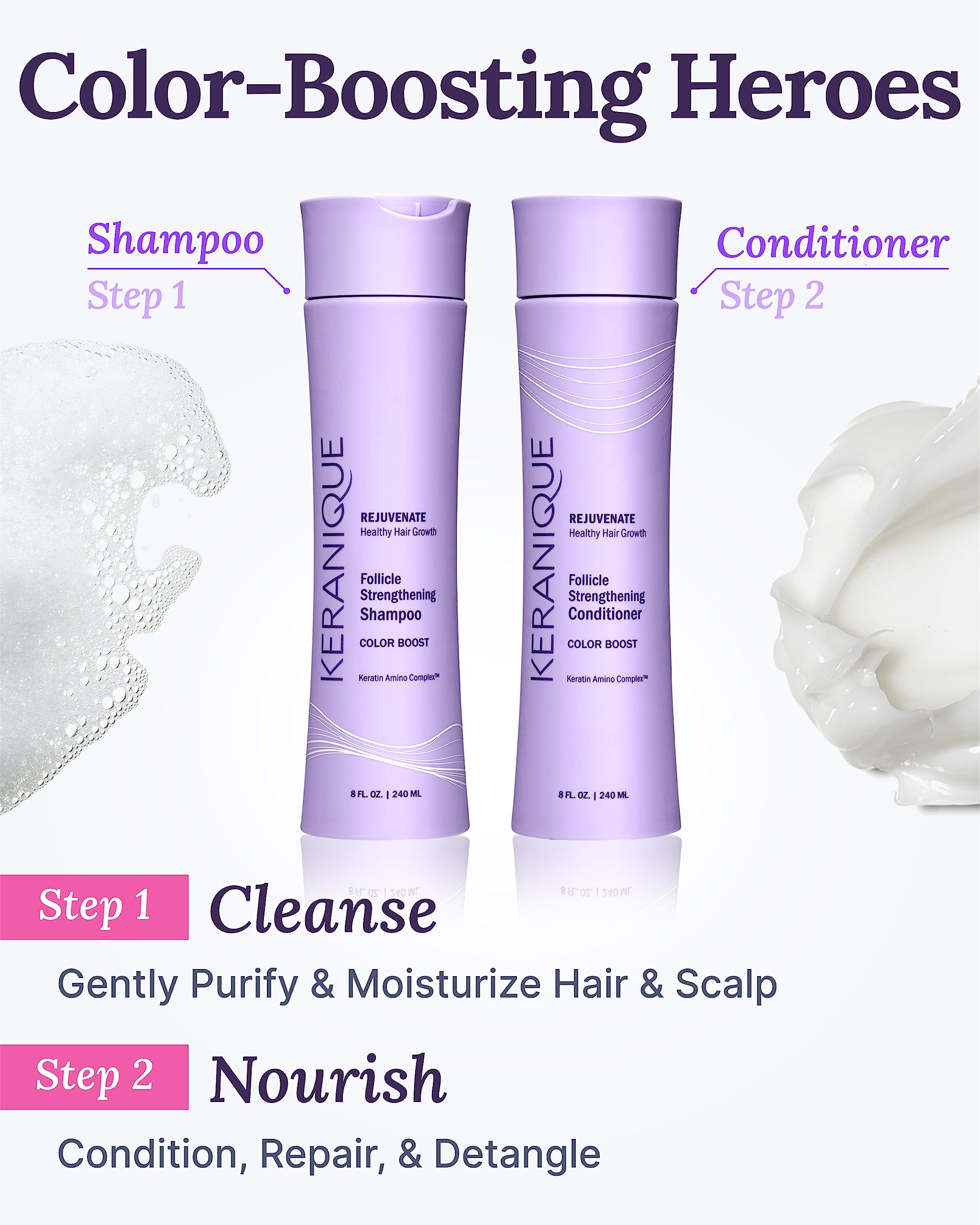 Keranique in-hand application on wet hair for detangling benefit