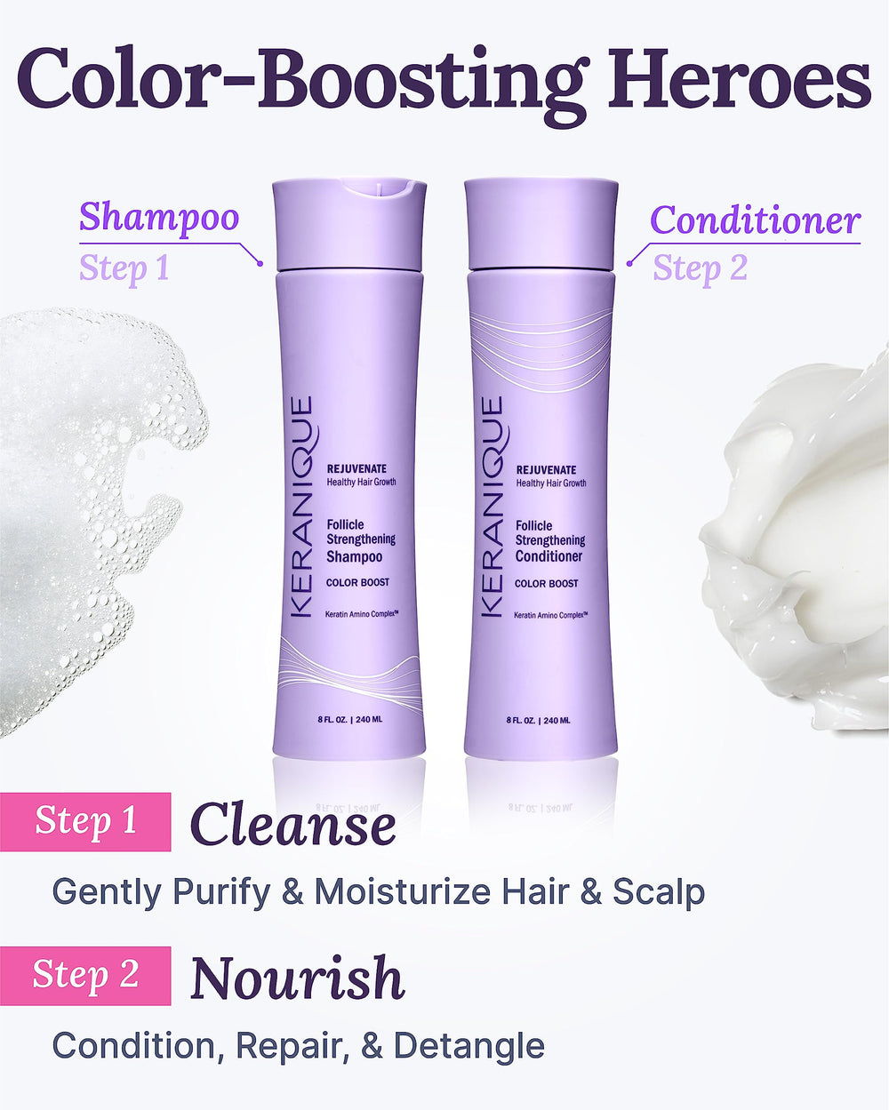 Keranique in-hand application on wet hair for detangling benefit