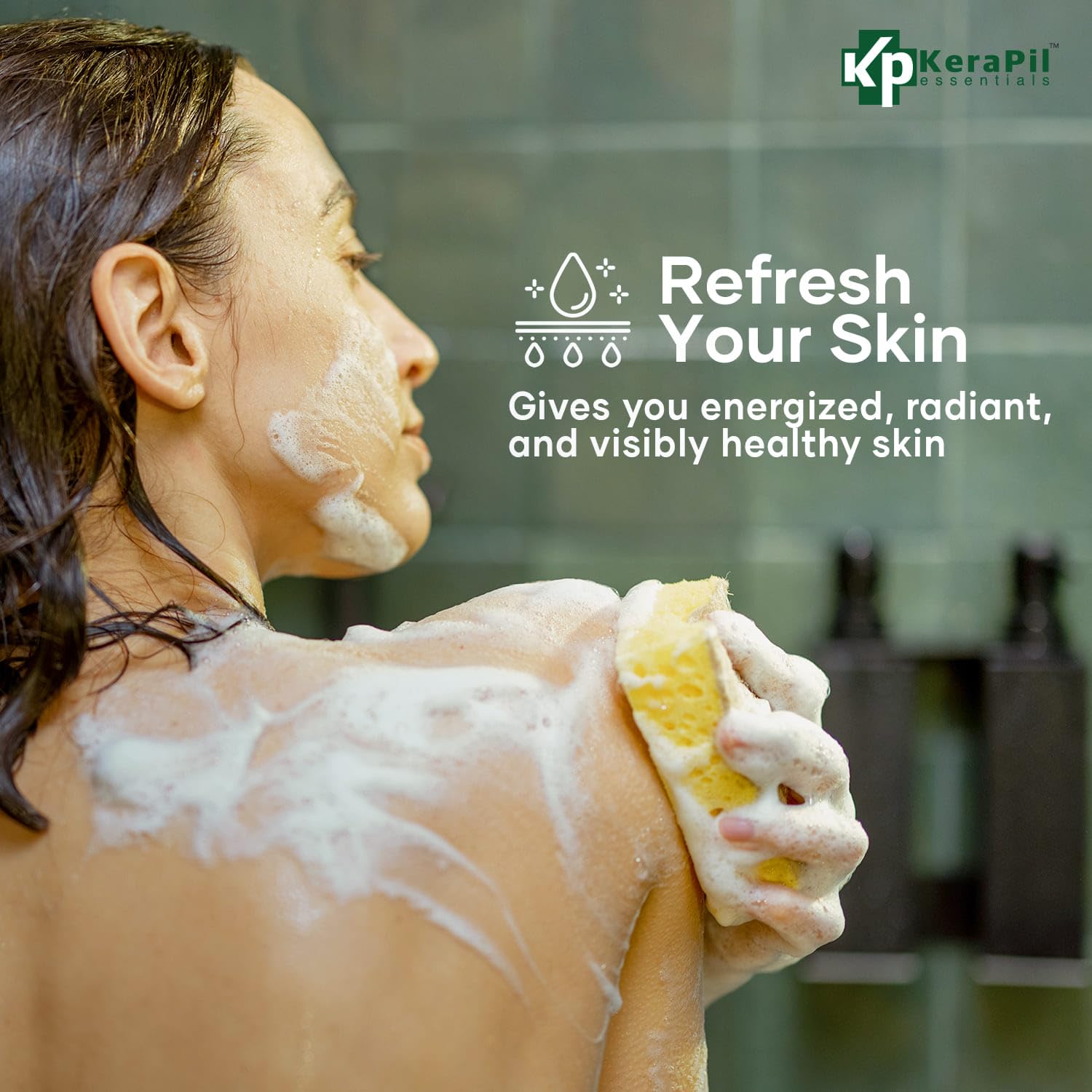 KERAPIL in shower on back showing cooling mint benefit while rinsing
