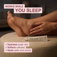 Kerasal applying ointment to heel demonstrating easy overnight use