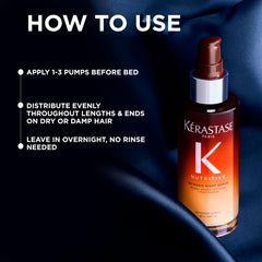 KÉRASTASE 8H serum applied to hair lengths on nightstand showing smoother morning results