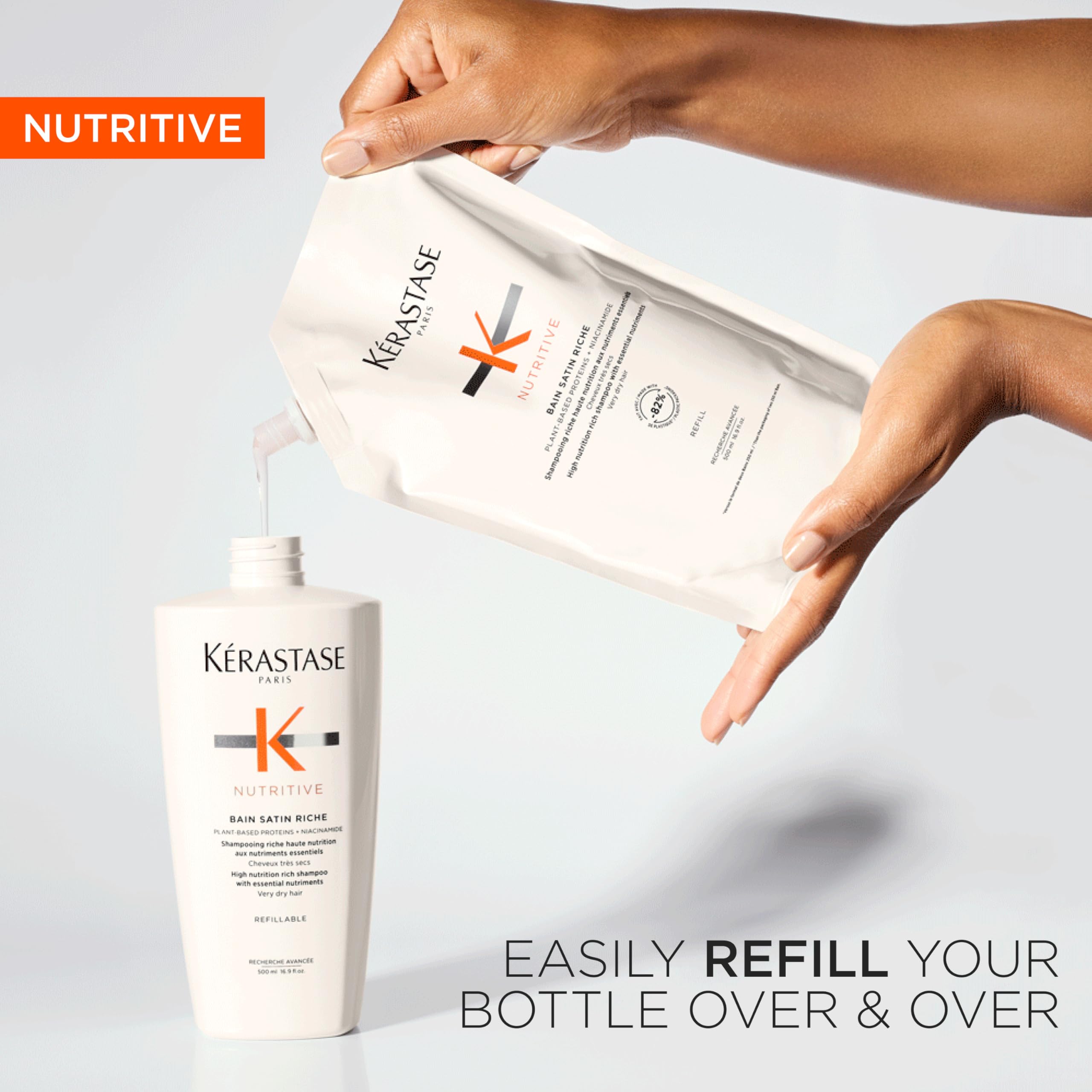KÉRASTASE pump dispensing shampoo emphasizing easy control and less waste