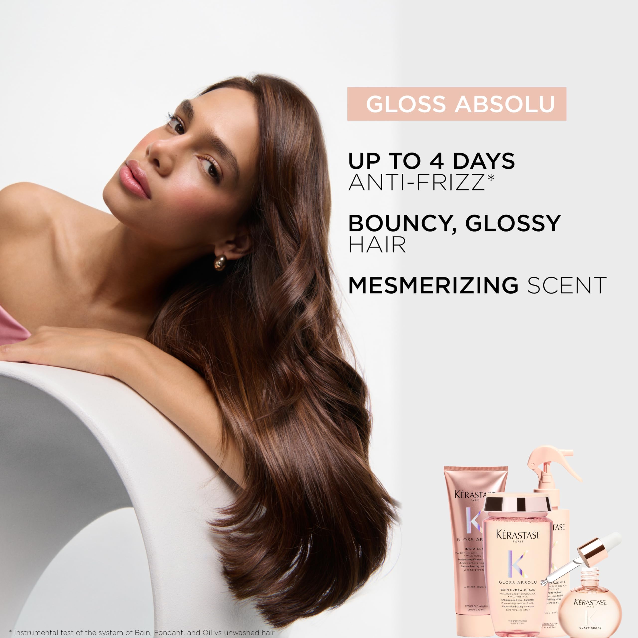 KÉRASTASE before and after on long hair showing reduced frizz