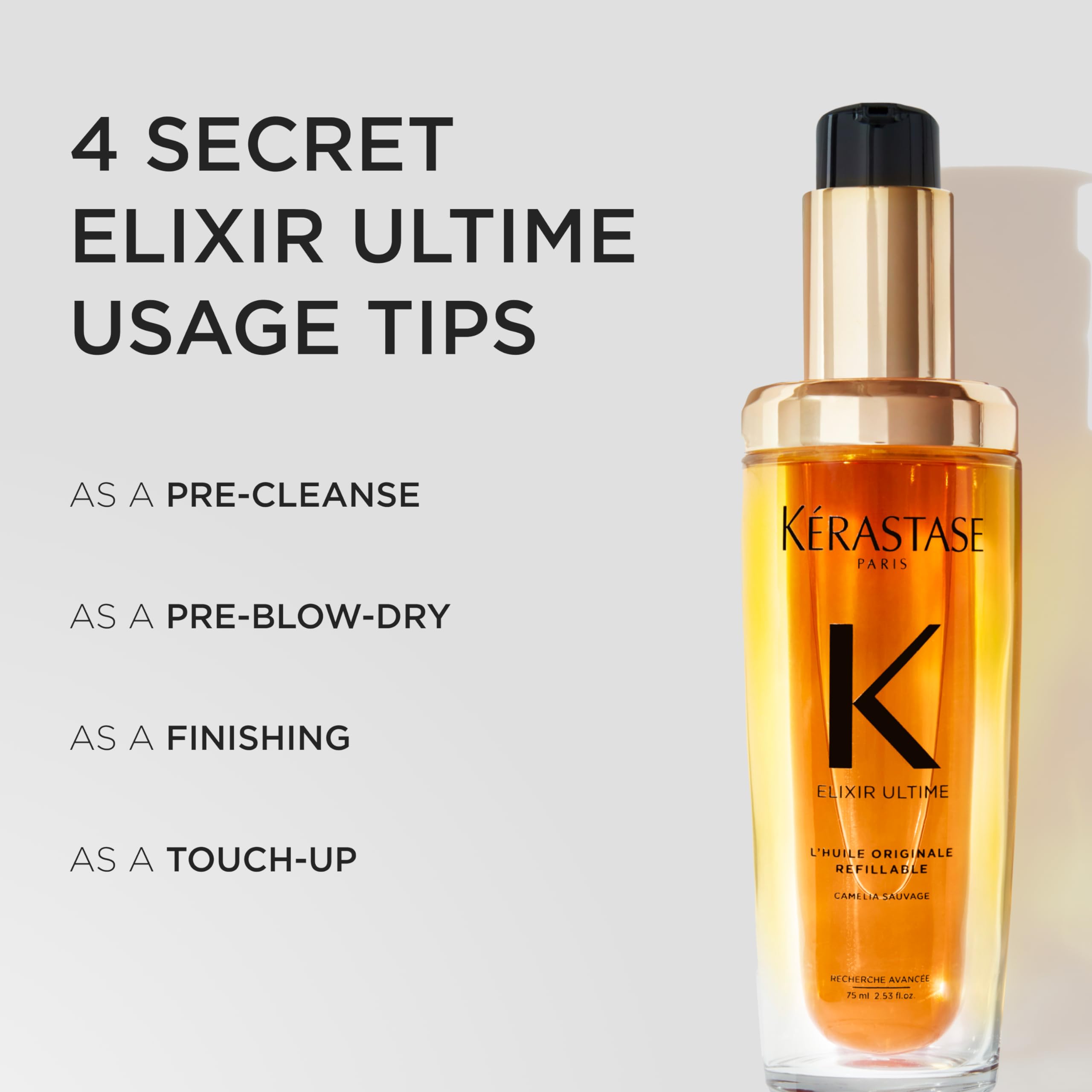 KÉRASTASE bottle held in hand illustrating compact travel-friendly size