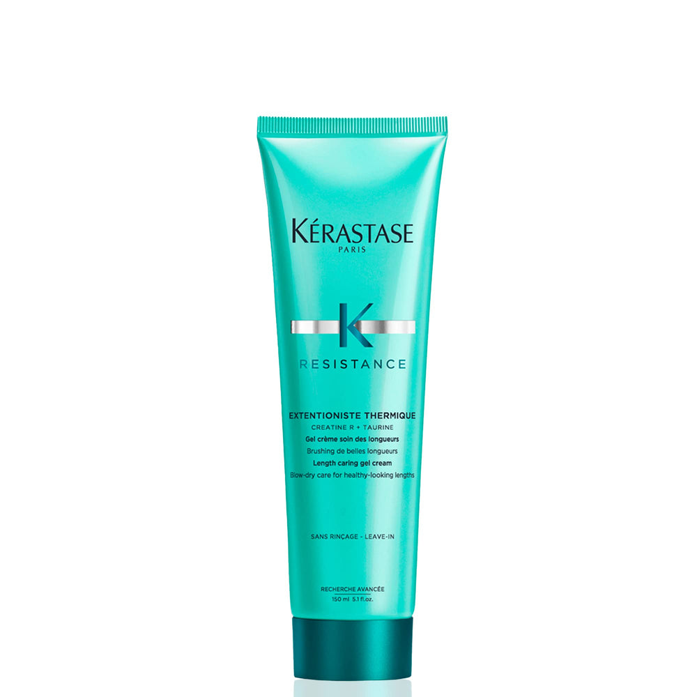KÉRASTASE bottle front view showing Extentioniste Thermique protecting hair during styling
