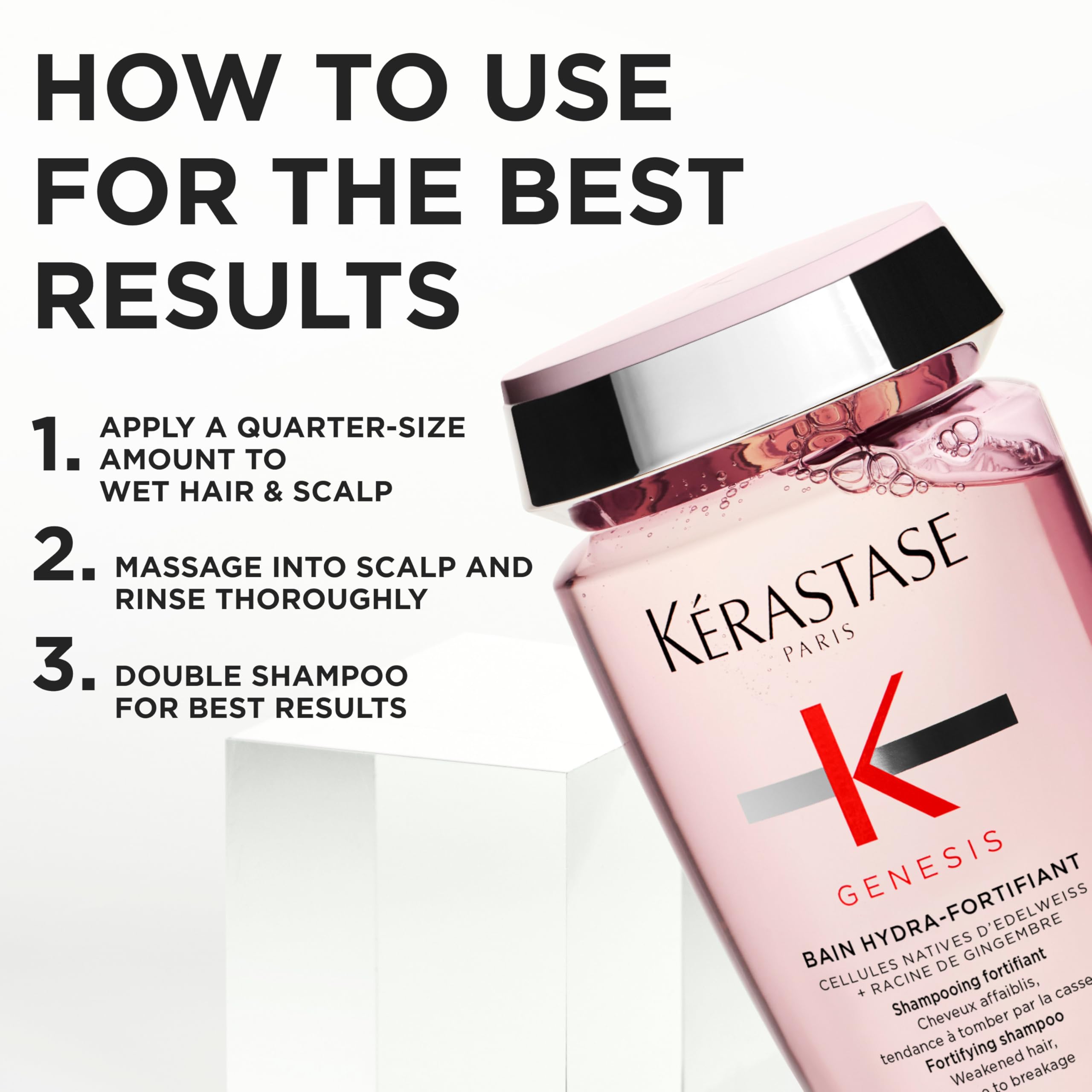 KÉRASTASE Genesis hair before and after image, showing reduced breakage and smoother strands