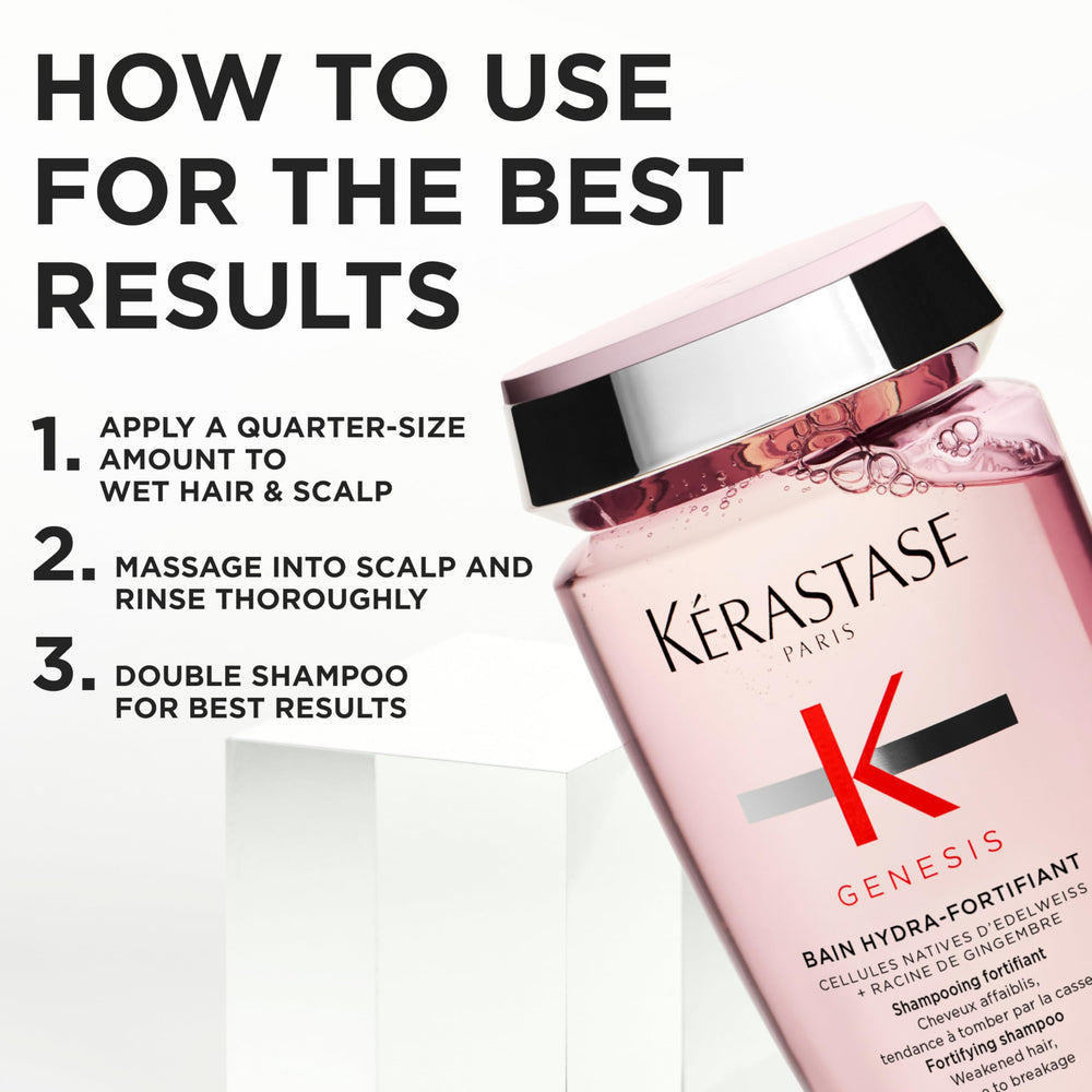 KÉRASTASE Genesis hair before and after image, showing reduced breakage and smoother strands
