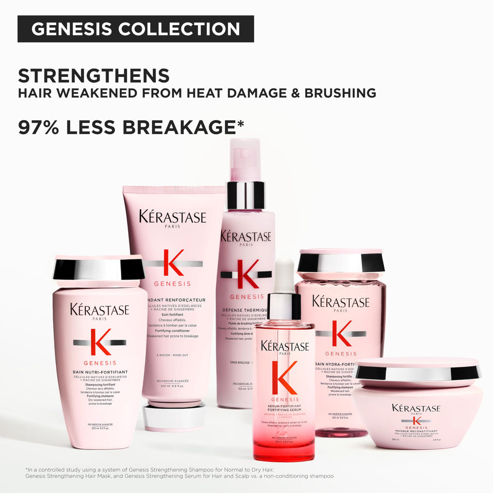 KÉRASTASE Genesis bottle in hand showing 3.04 fl oz scale and travel-friendly benefit