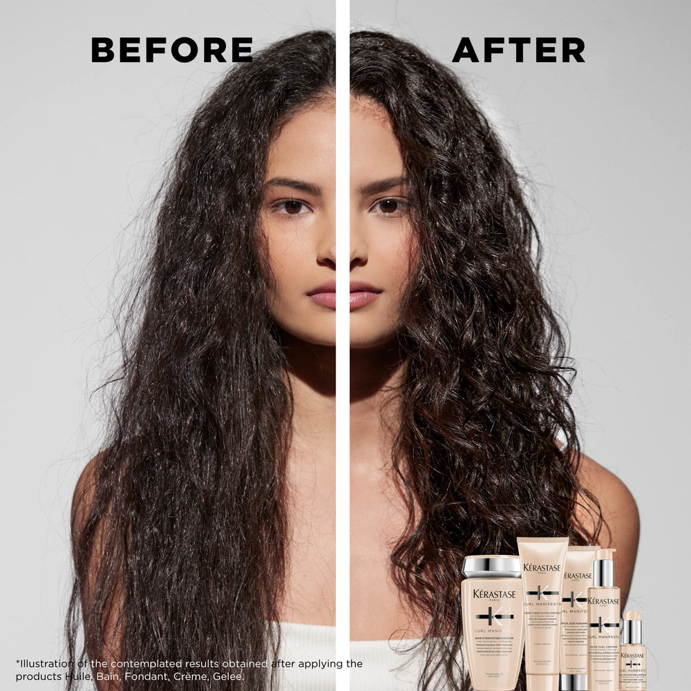 KÉRASTASE lifestyle shot of curly hair using mask for soft bounce